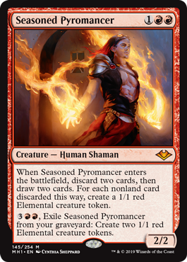 Seasoned Pyromancer
 When Seasoned Pyromancer enters the battlefield, discard two cards, then draw two cards. For each nonland card discarded this way, create a 1/1 red Elemental creature token.
{3}{R}{R}, Exile Seasoned Pyromancer from your graveyard: Create two 1/1 red Elemental creature tokens.